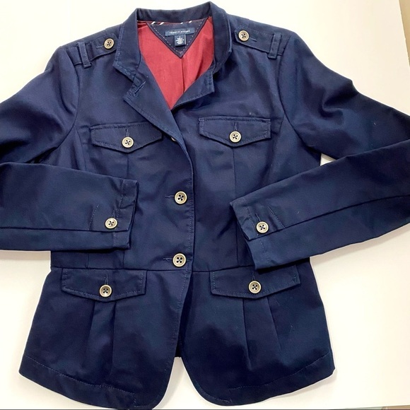 TOMMY HILFIGER Navy Blue Blazer Sz 4 Small Cotton Jacket Coat Military Pocket - Picture 3 of 16